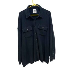 Aerie Waffle Knit Button Front Shirt Black Long Sleeves Oversized Womens XL